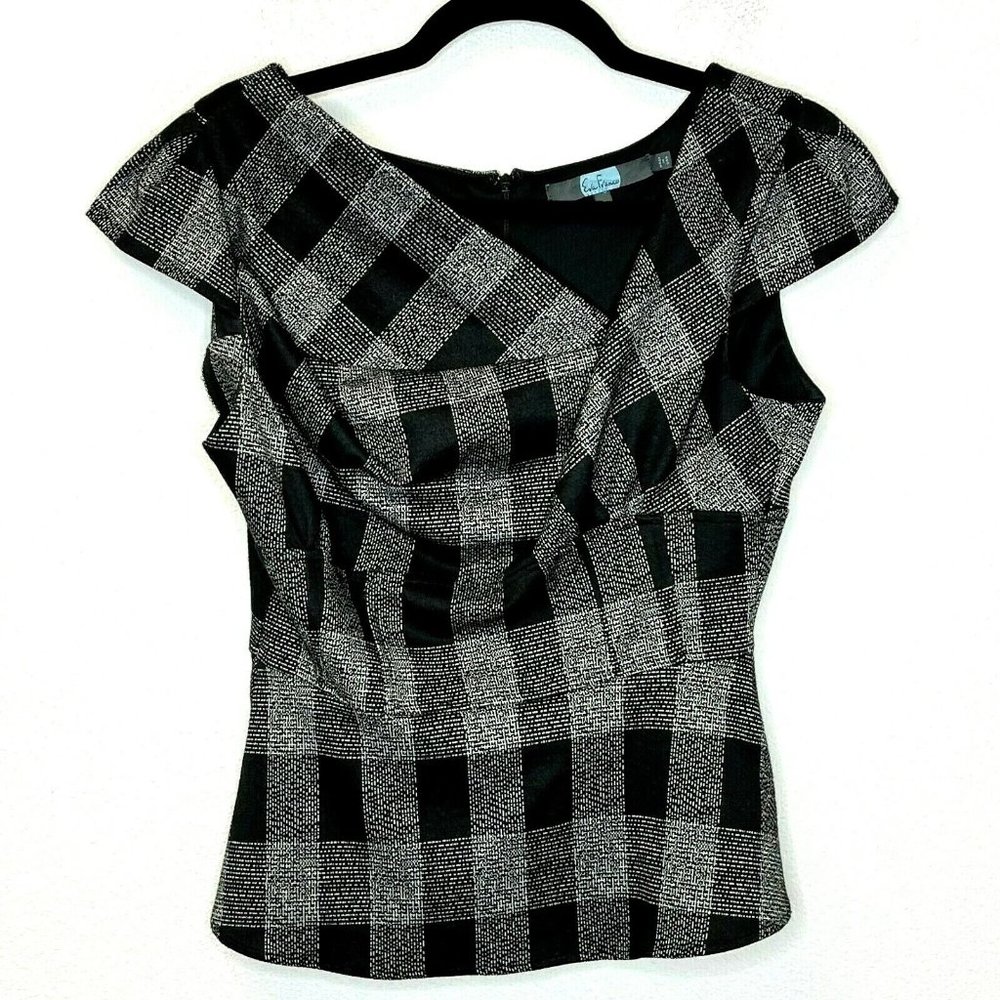 Eva Franco Black Plaid Yuki Asymmetric Neck Cap Sleeve top